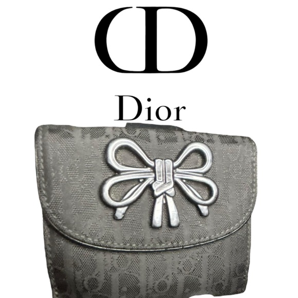 Dior Handbags - Dior Black Mono Logo Gunmetal Accent Bow Oblique Nylon Leather Wallet(Rare)